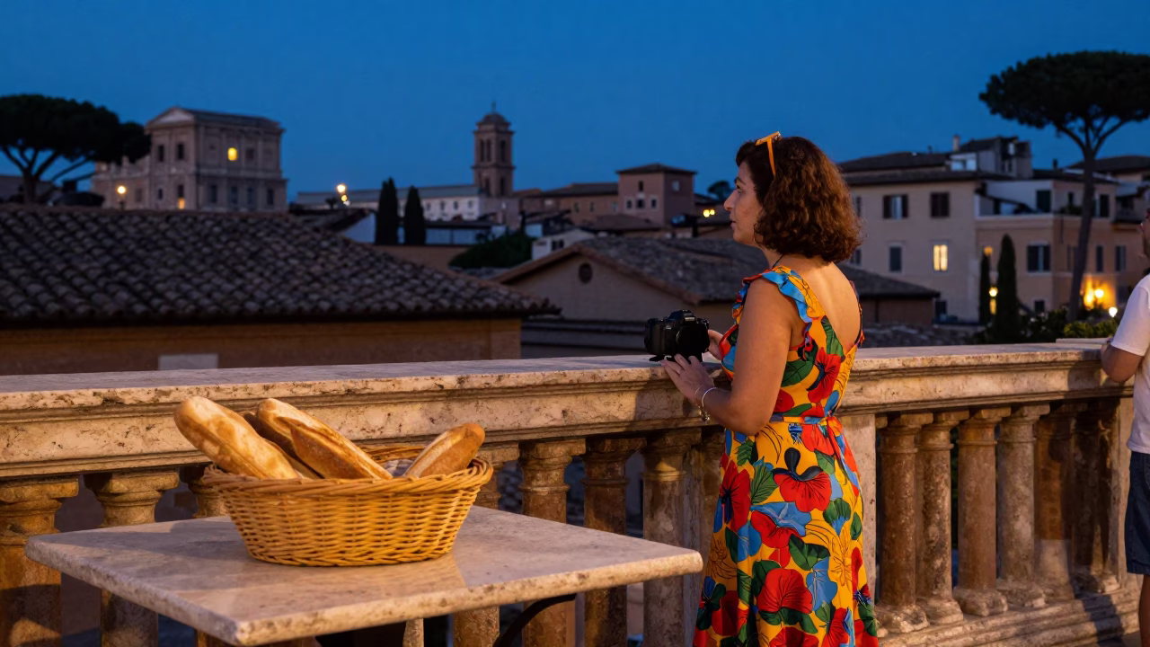 Twilight Street Scene in Rome Italy with Woven Bread Basket and Beaded Sandals in in Rome, Italy