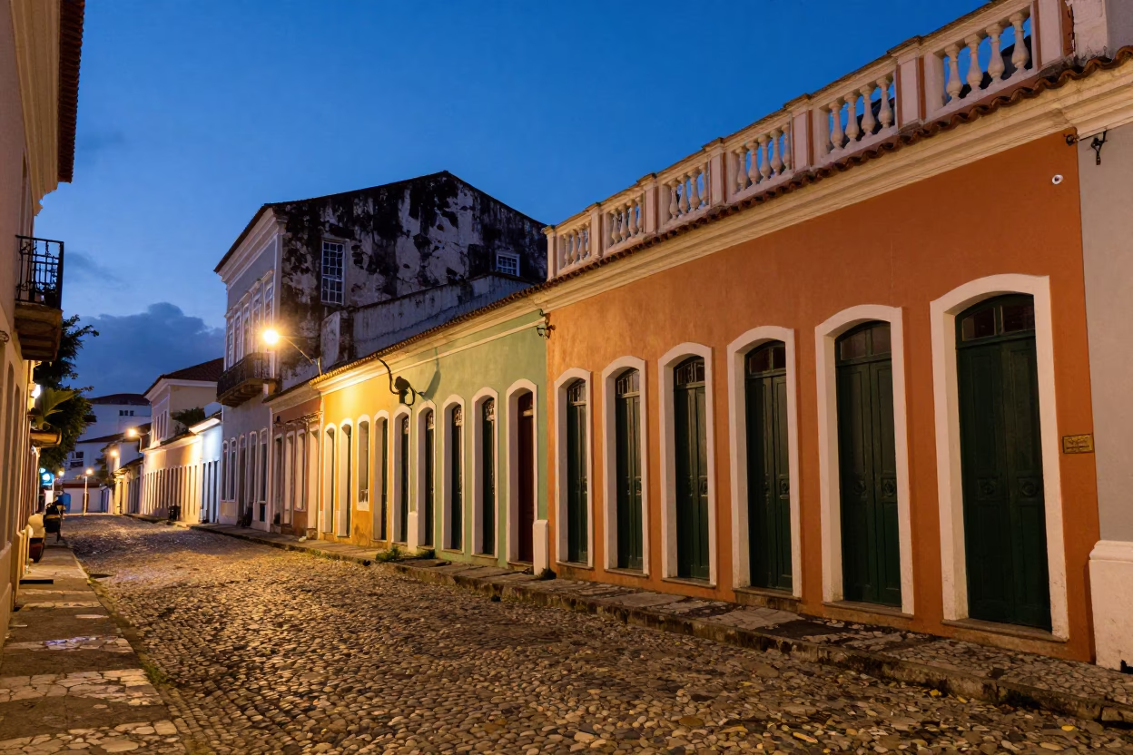 Twilight street scene in Salvador Brazil featuring colonial architecture and local vendors in in Salvador, Brazil