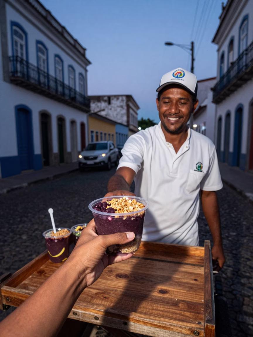 Twilight Street Scene in Salvador Brazil with Acai Bowl and Local Interaction in in Salvador, Brazil