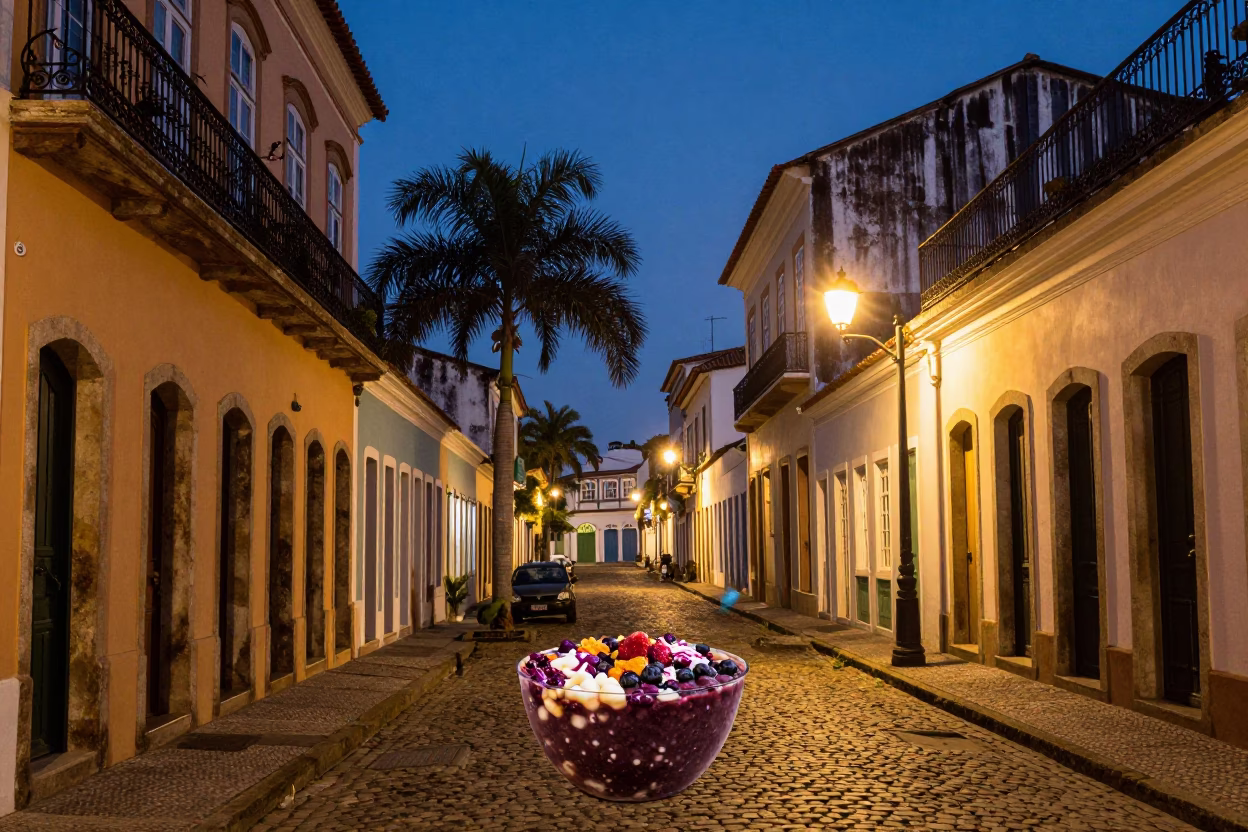 Twilight Street Scene in Salvador Brazil with Acai Bowl and Palm Tree Boulevard in in Salvador, Brazil