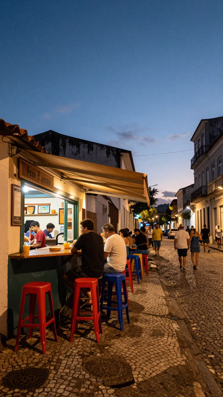 Twilight Street Scene in Salvador Brazil with Bar Stools and Local Life in in Salvador, Brazil