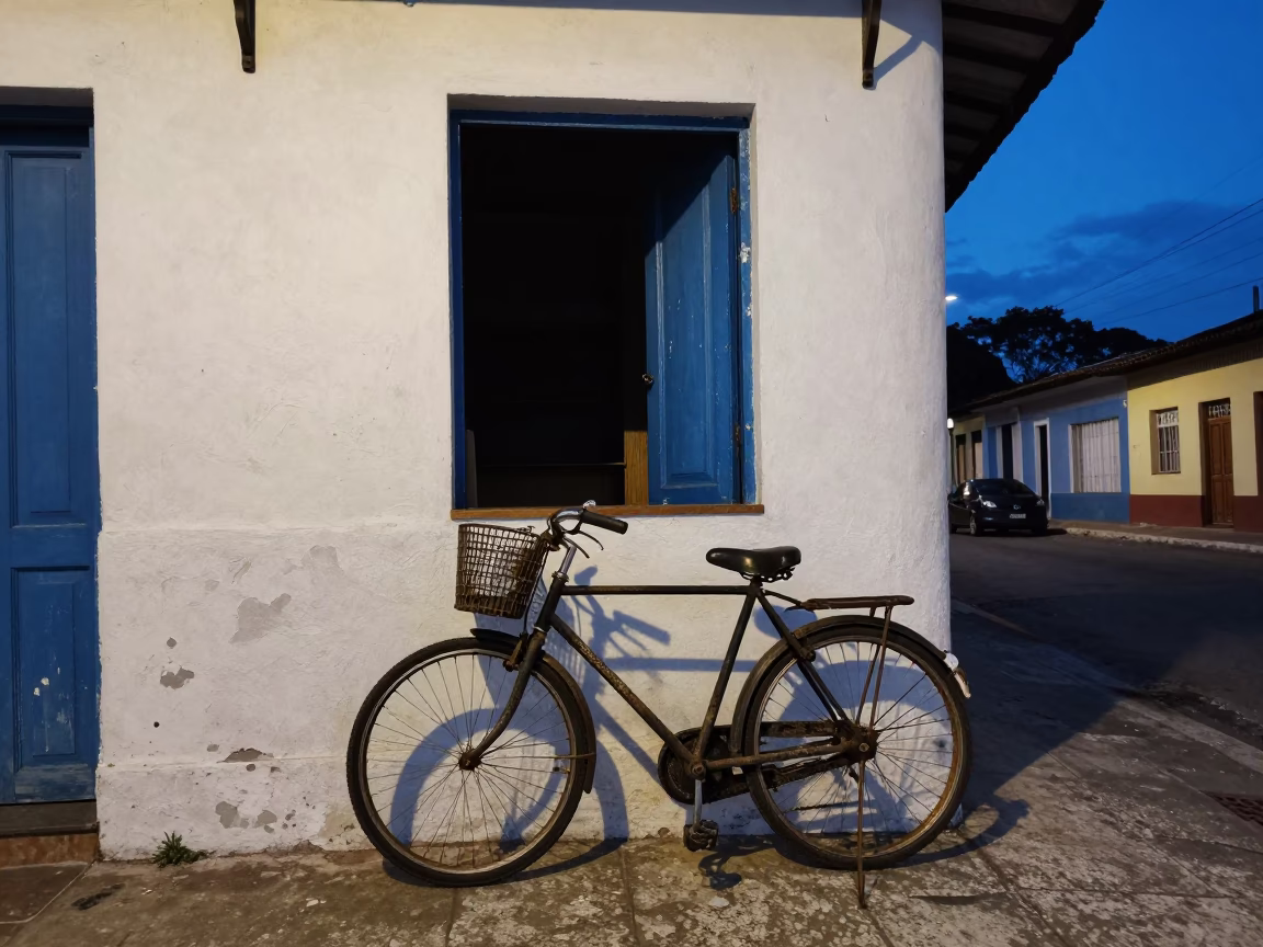 Twilight Street Scene in Salvador Brazil with Bicycle and Paint Flecks in in Salvador, Brazil