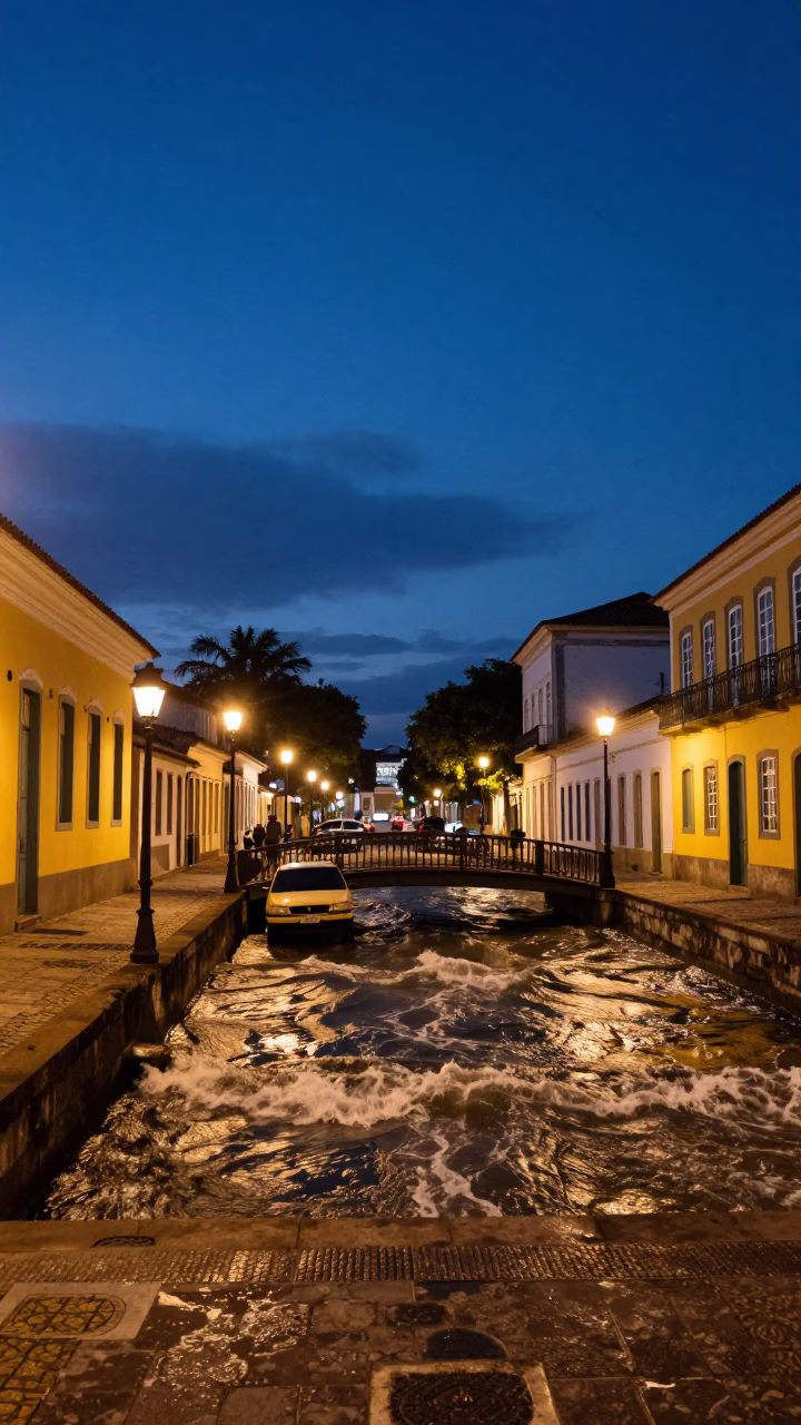 Twilight Street Scene in Salvador Brazil with Bridge Pier and Choppy Water in in Salvador, Brazil