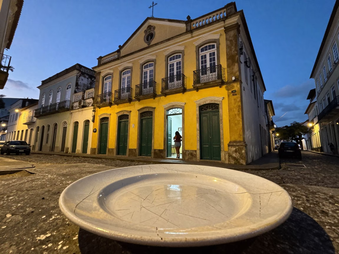 Twilight Street Scene in Salvador Brazil with Ceramic Plate and Scratched Shelf in in Salvador, Brazil