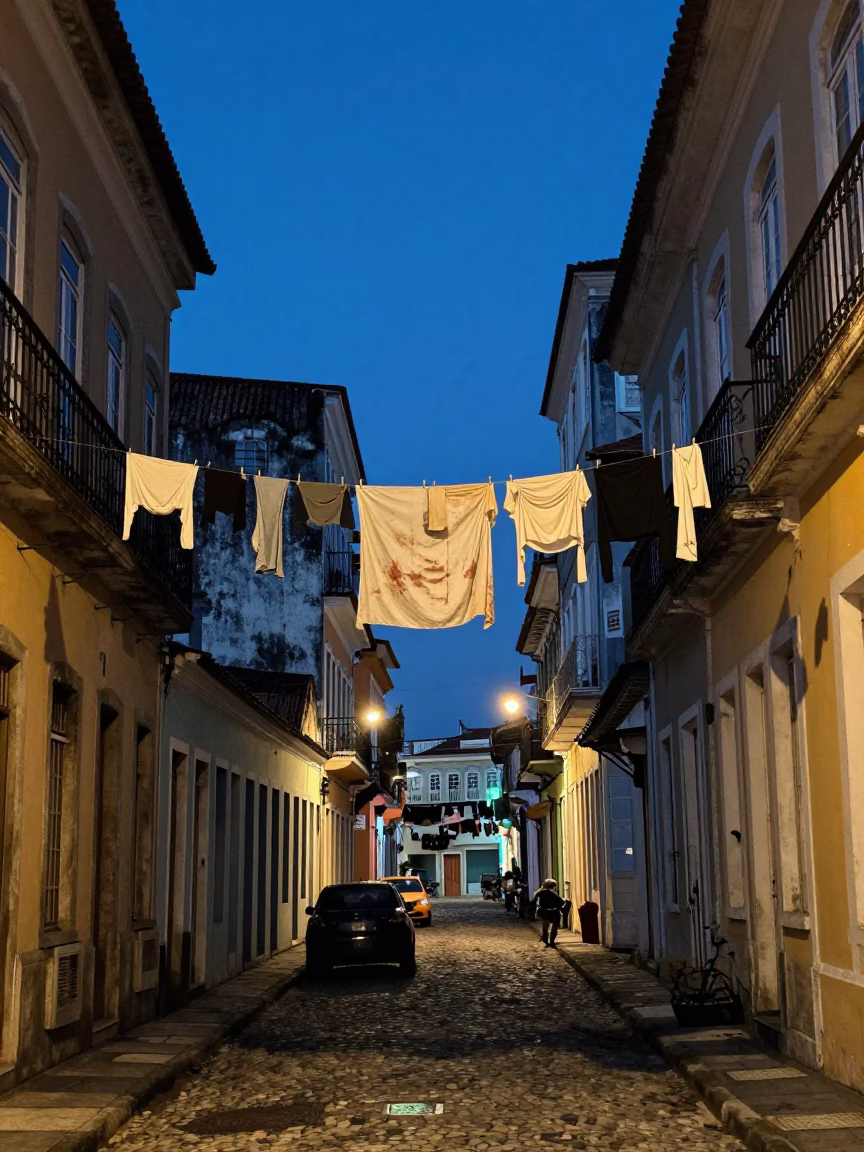 Twilight Street Scene in Salvador Brazil with Clothesline and Urban Details in in Salvador, Brazil