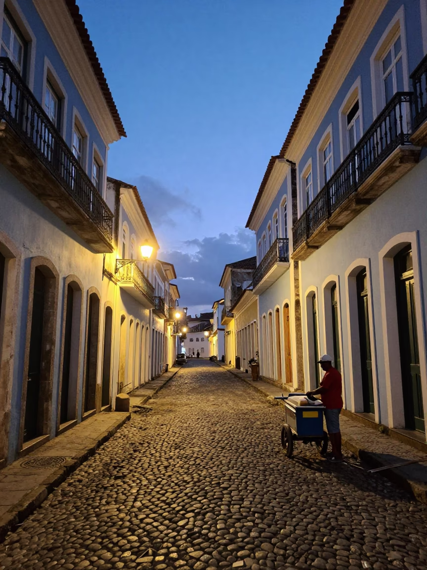 Twilight street scene in Salvador Brazil with colonial architecture and local life in in Salvador, Brazil