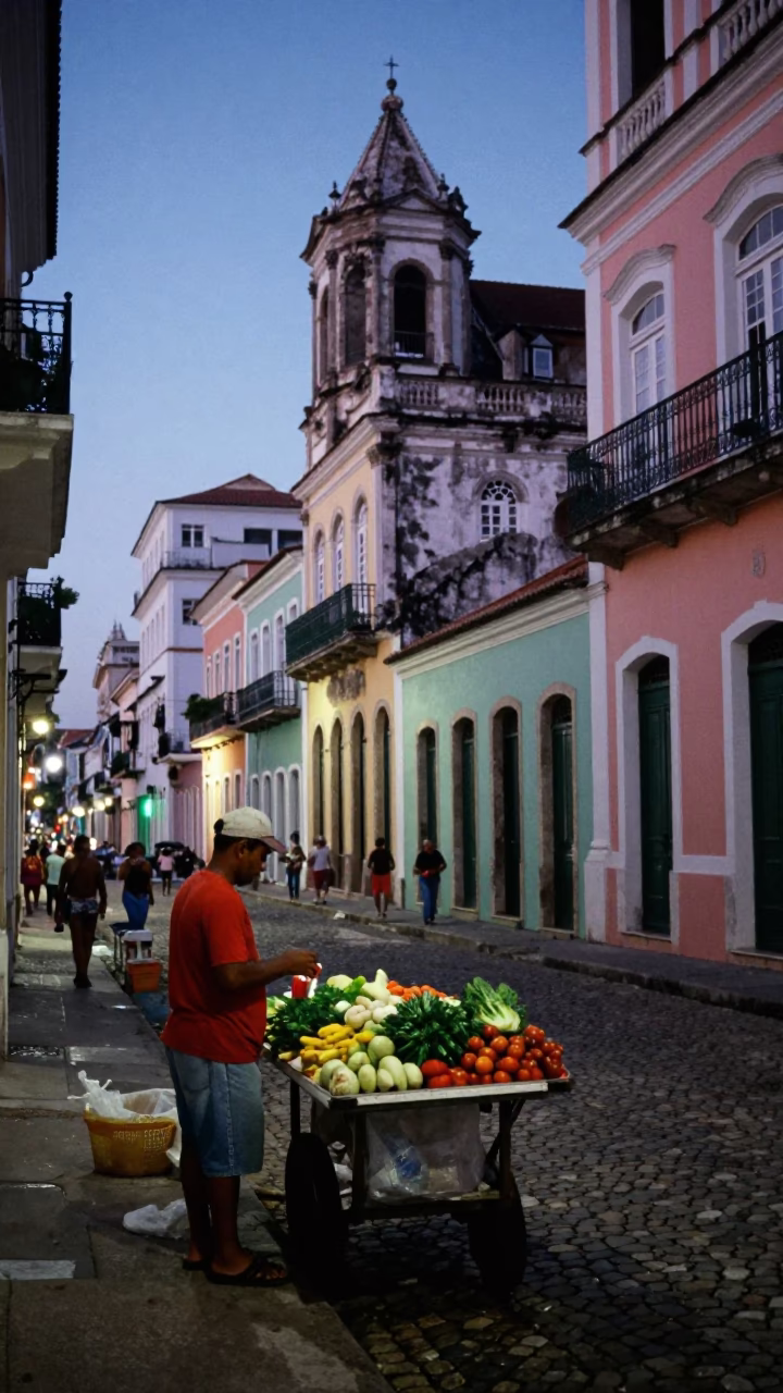 Twilight Street Scene in Salvador Brazil with Colorful Architecture and Local Market Activity in in Salvador, Brazil