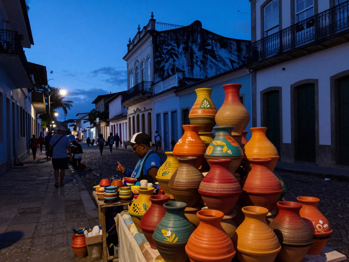 Twilight Street Scene in Salvador Brazil with Colorful Clay Pots and Euphorbia Candelabra in in Salvador, Brazil