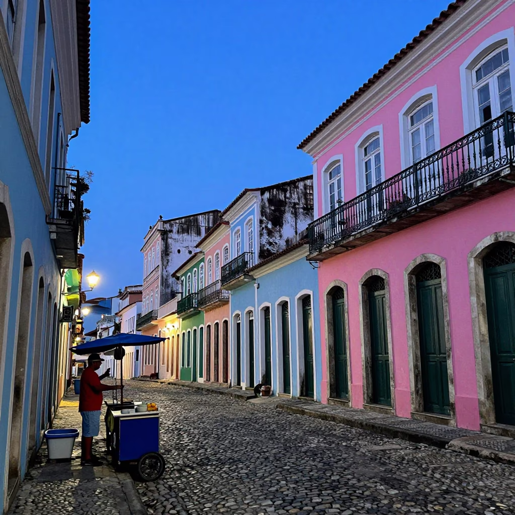 Twilight Street Scene in Salvador Brazil with Colorful Colonial Architecture and Enamel Bowls in in Salvador, Brazil