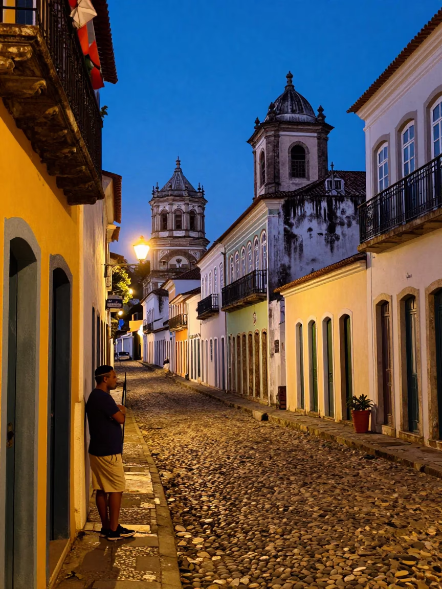Twilight street scene in Salvador Brazil with colorful colonial architecture and local life in in Salvador, Brazil