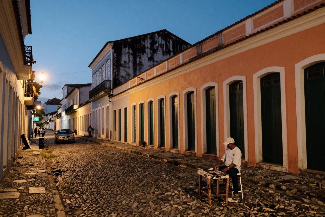 Twilight Street Scene in Salvador Brazil with Colorful Colonial Architecture and Local Street Life in in Salvador, Brazil
