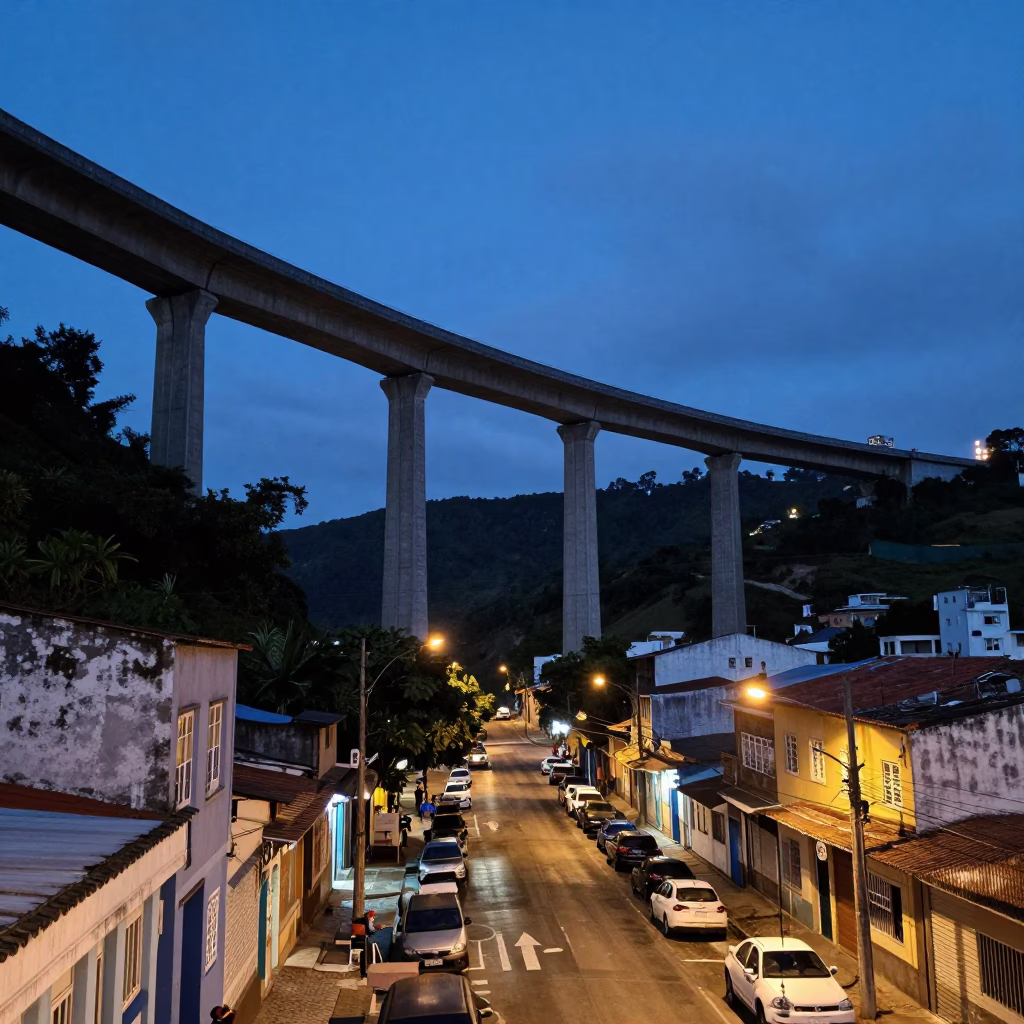 Twilight street scene in Salvador Brazil with concrete viaduct and local laundry in in Salvador, Brazil