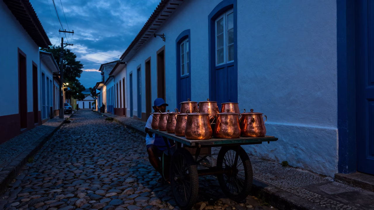 Twilight Street Scene in Salvador Brazil with Copper Pots and Ginger Cat in in Salvador, Brazil