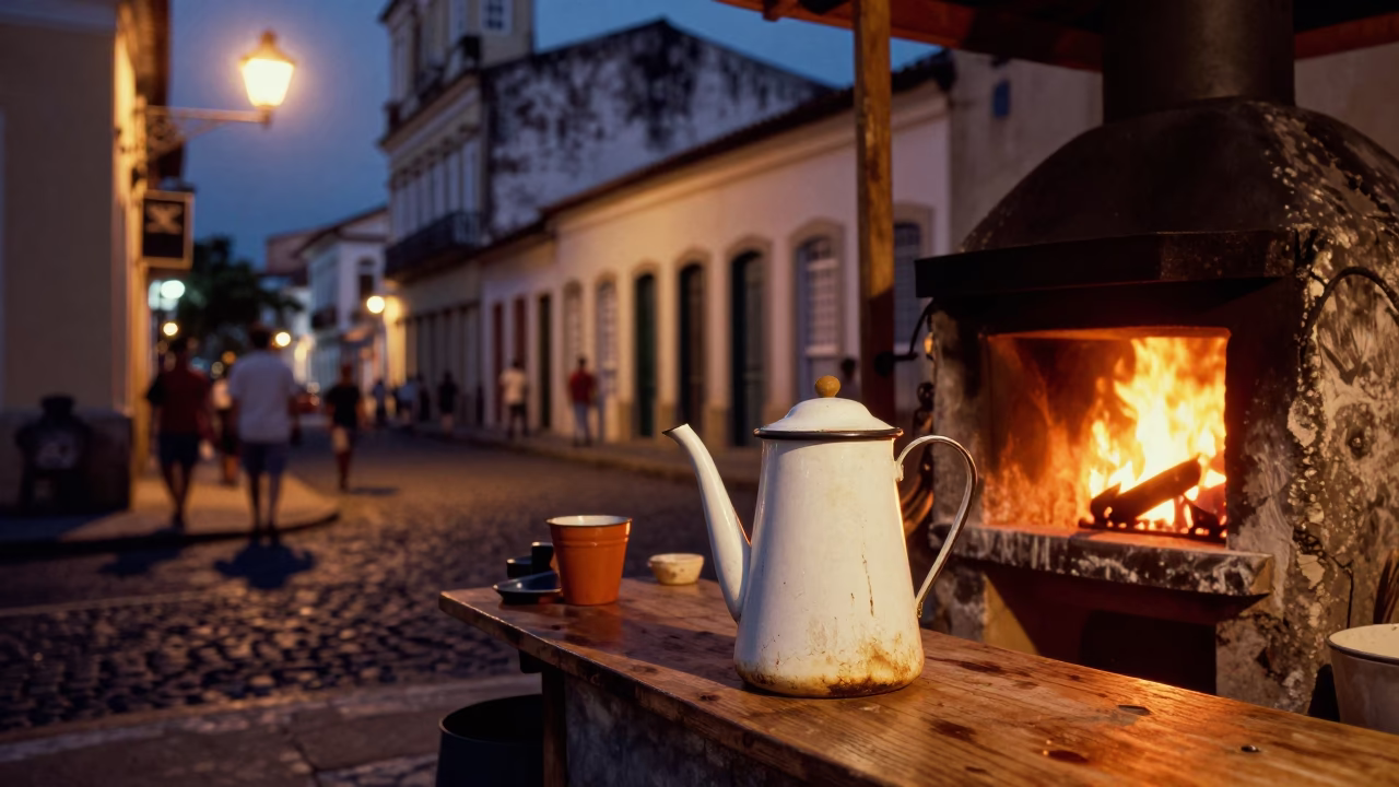 Twilight Street Scene in Salvador Brazil with Enamel Pitcher and Wood-Fired Pizza Vendor in in Salvador, Brazil