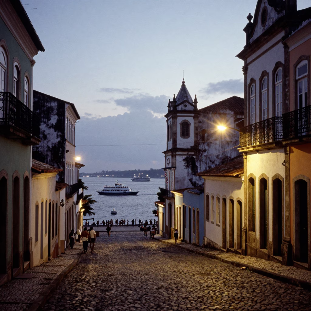 Twilight Street Scene in Salvador Brazil with Ferry and Urban Architecture in in Salvador, Brazil