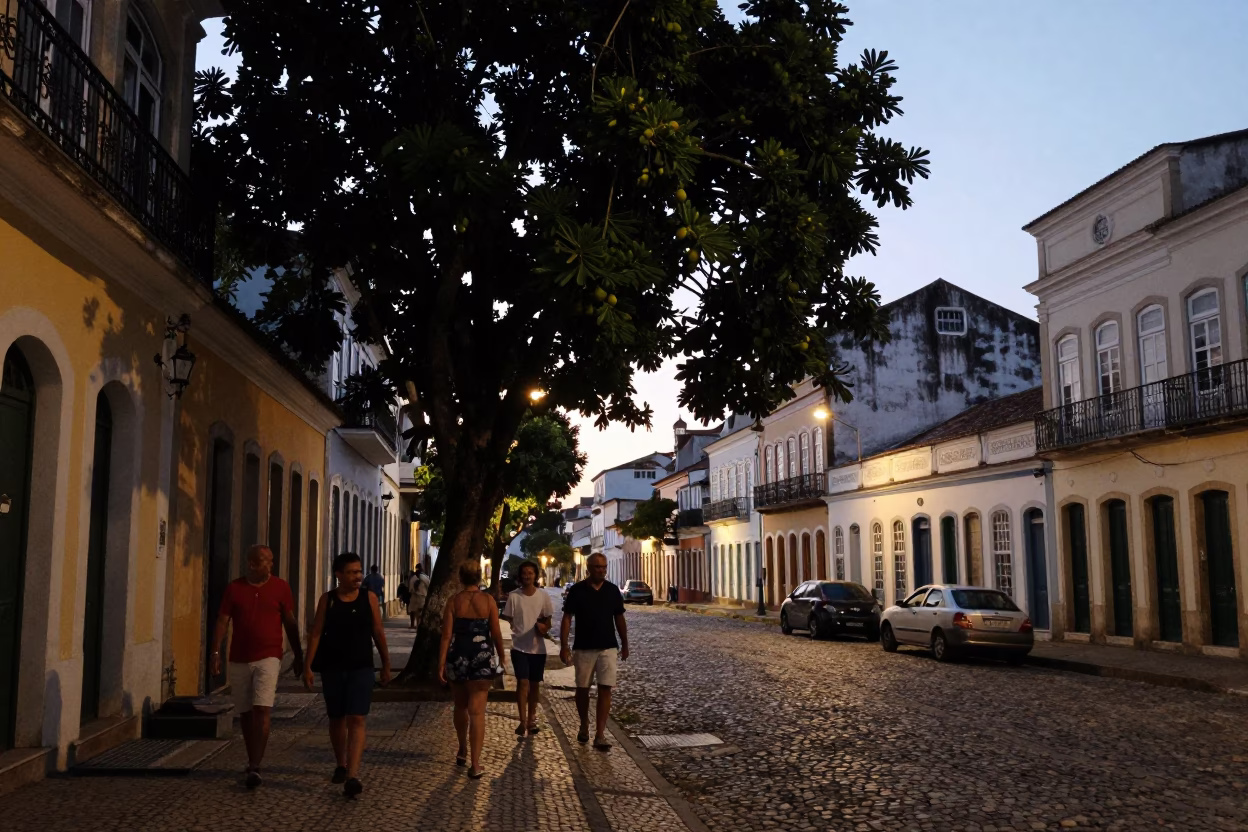 Twilight Street Scene in Salvador Brazil with Fig Tree and Local Interaction in in Salvador, Brazil