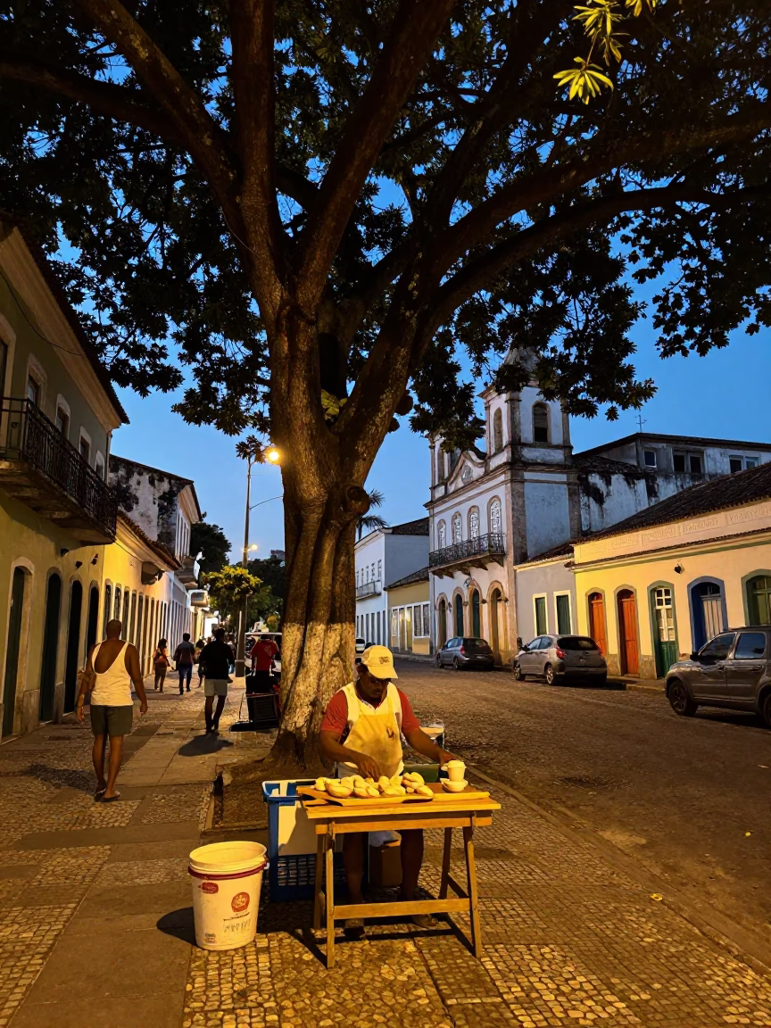 Twilight Street Scene in Salvador Brazil with Kapok Tree and Local Vendors in in Salvador, Brazil