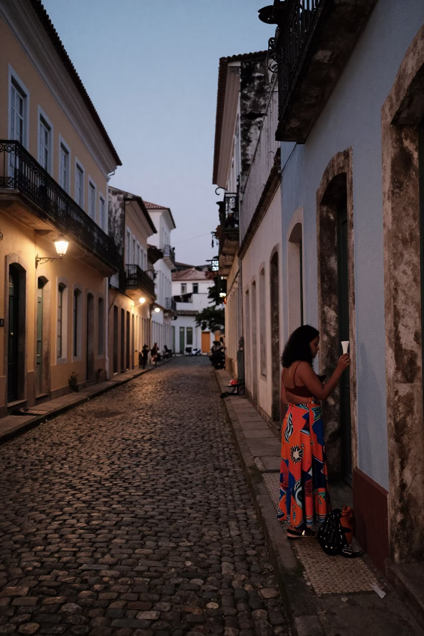 Twilight Street Scene in Salvador Brazil with Latch and Carafe in in Salvador, Brazil