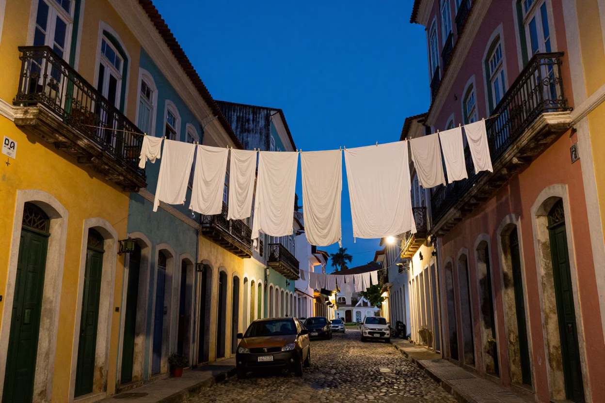 Twilight Street Scene in Salvador Brazil with Laundry Hanging and Colorful Architecture in in Salvador, Brazil