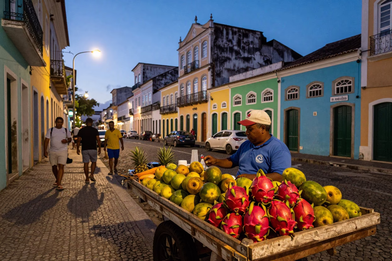 Twilight Street Scene in Salvador Brazil with Local Vendor and Colorful Architecture in in Salvador, Brazil