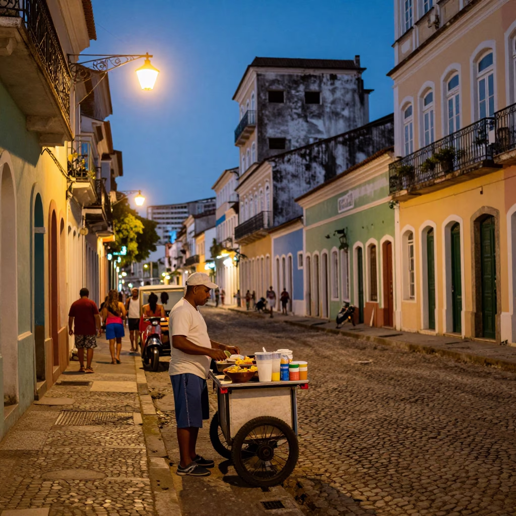 Twilight Street Scene in Salvador Brazil with Local Vendor and Colorful Details in in Salvador, Brazil