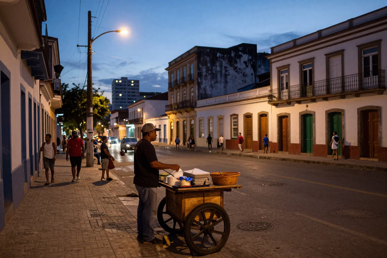Twilight Street Scene in Salvador Brazil with Local Vendor and Traditional Elements in in Salvador, Brazil