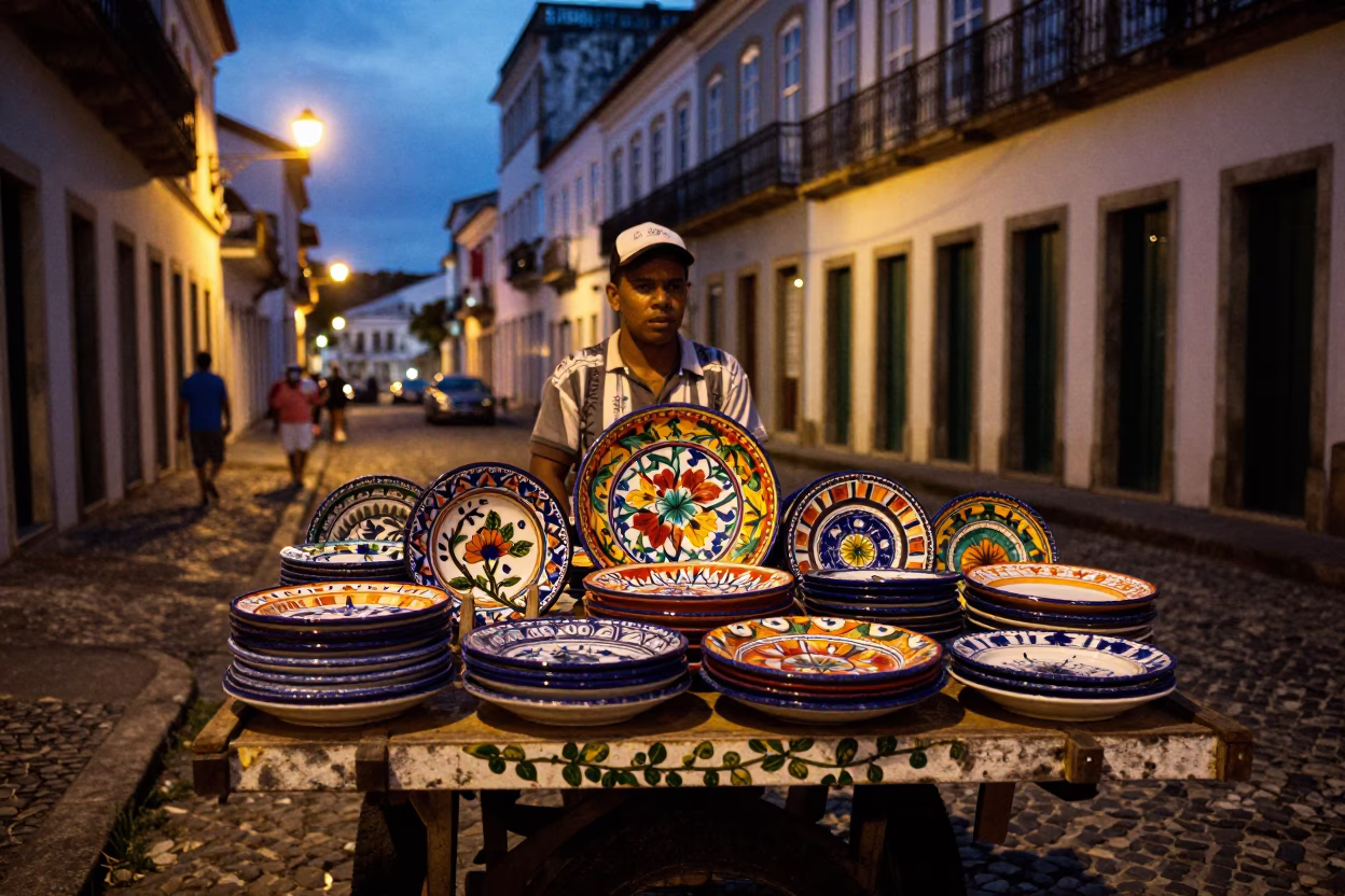 Twilight Street Scene in Salvador Brazil with Majolica Plates and Vine in in Salvador, Brazil