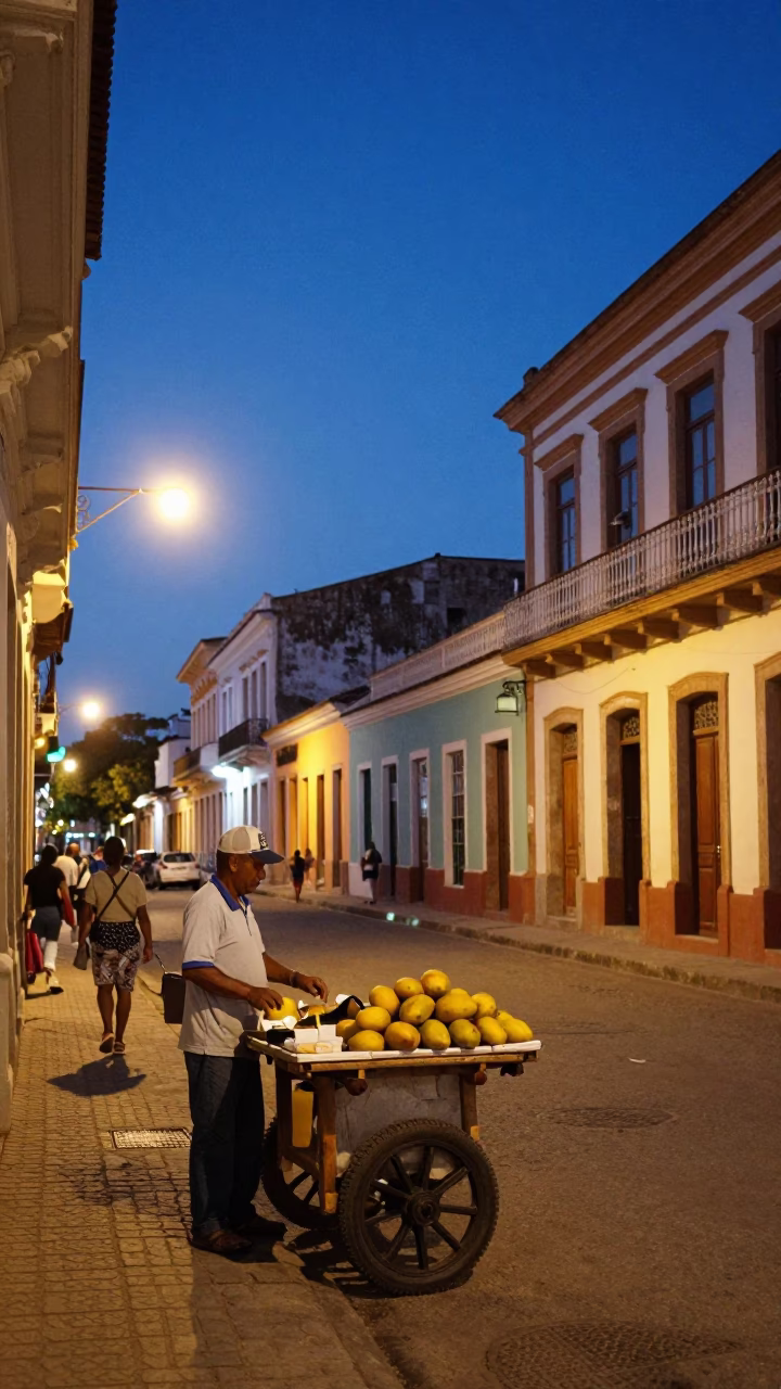 Twilight Street Scene in Salvador Brazil with Mango Vendor and Traditional Architecture in in Salvador, Brazil
