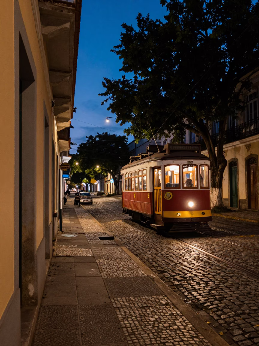 Twilight street scene in Salvador Brazil with old trolley and window box in in Salvador, Brazil