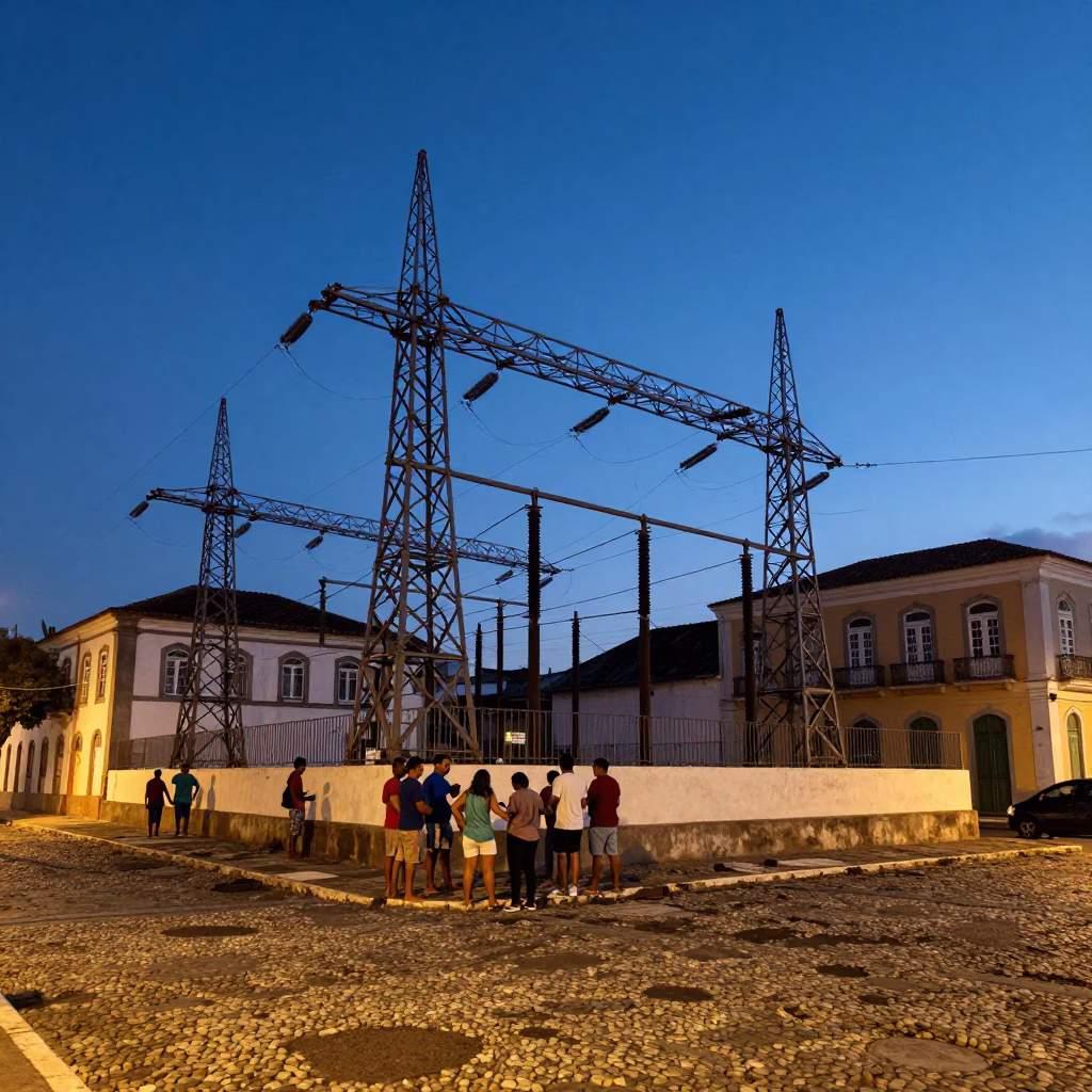 Twilight Street Scene in Salvador Brazil with Power Substation Lattice and Local Life in in Salvador, Brazil