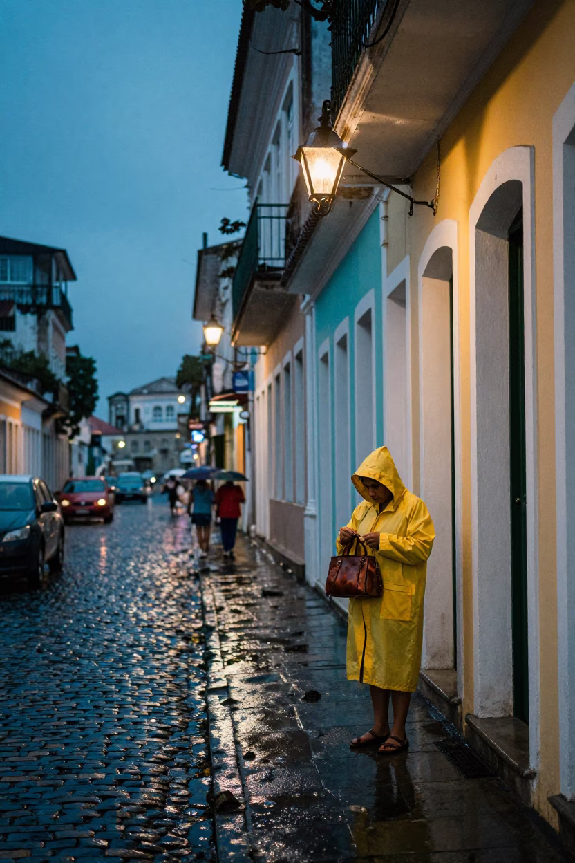 Twilight Street Scene in Salvador Brazil with Rain and Local Life in in Salvador, Brazil