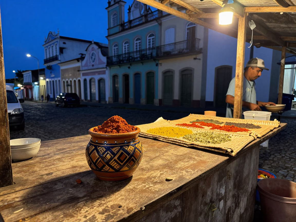 Twilight Street Scene in Salvador Brazil with Spice Jar and Woven Mat in in Salvador, Brazil