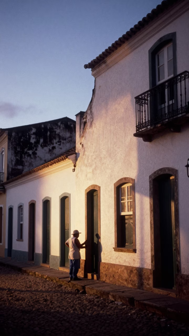Twilight Street Scene in Salvador Brazil with Sunlight Stripes on Colonial Plaster Walls in in Salvador, Brazil
