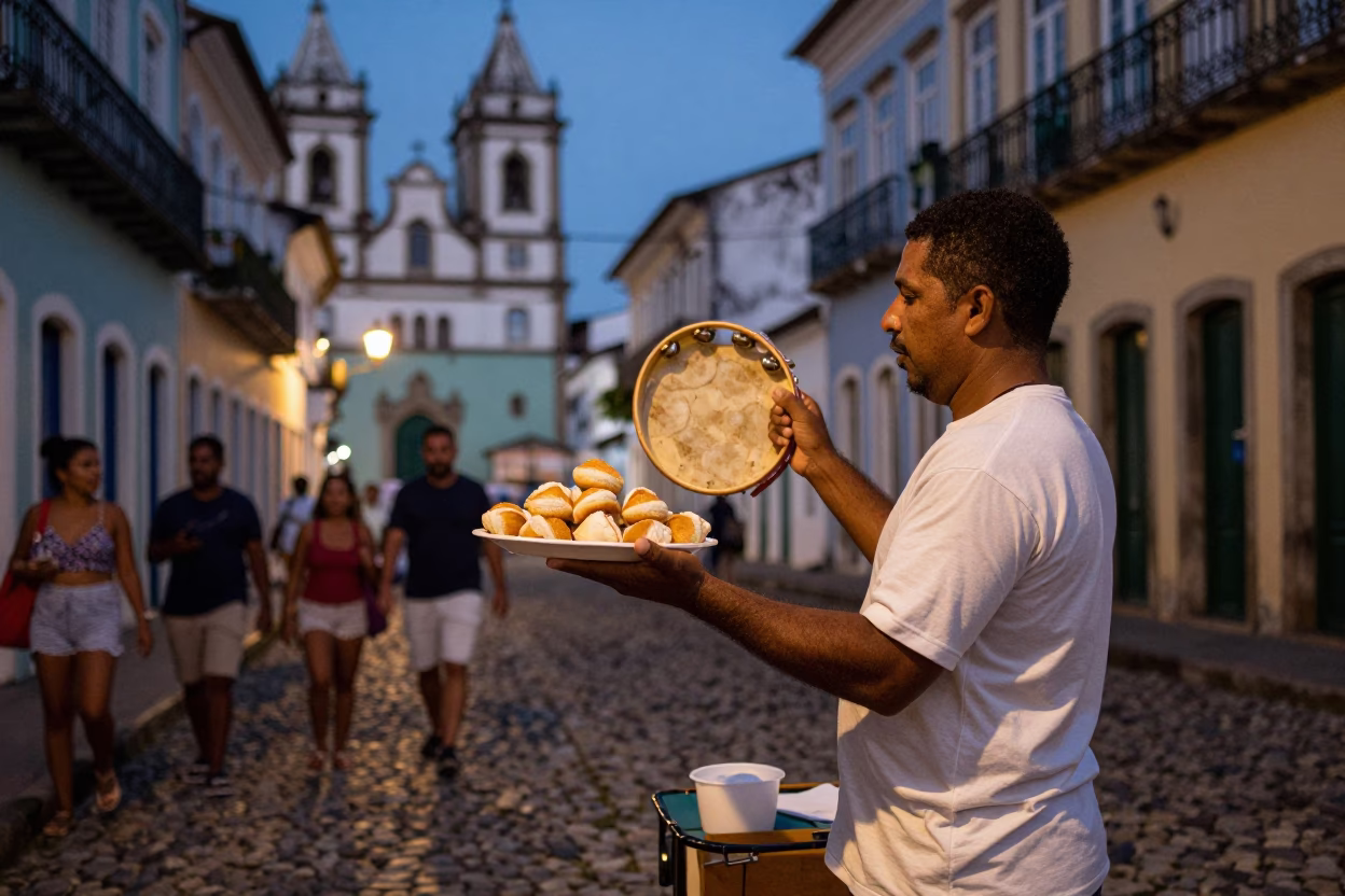 Twilight Street Scene in Salvador Brazil with Tambourine and Pastries in in Salvador, Brazil