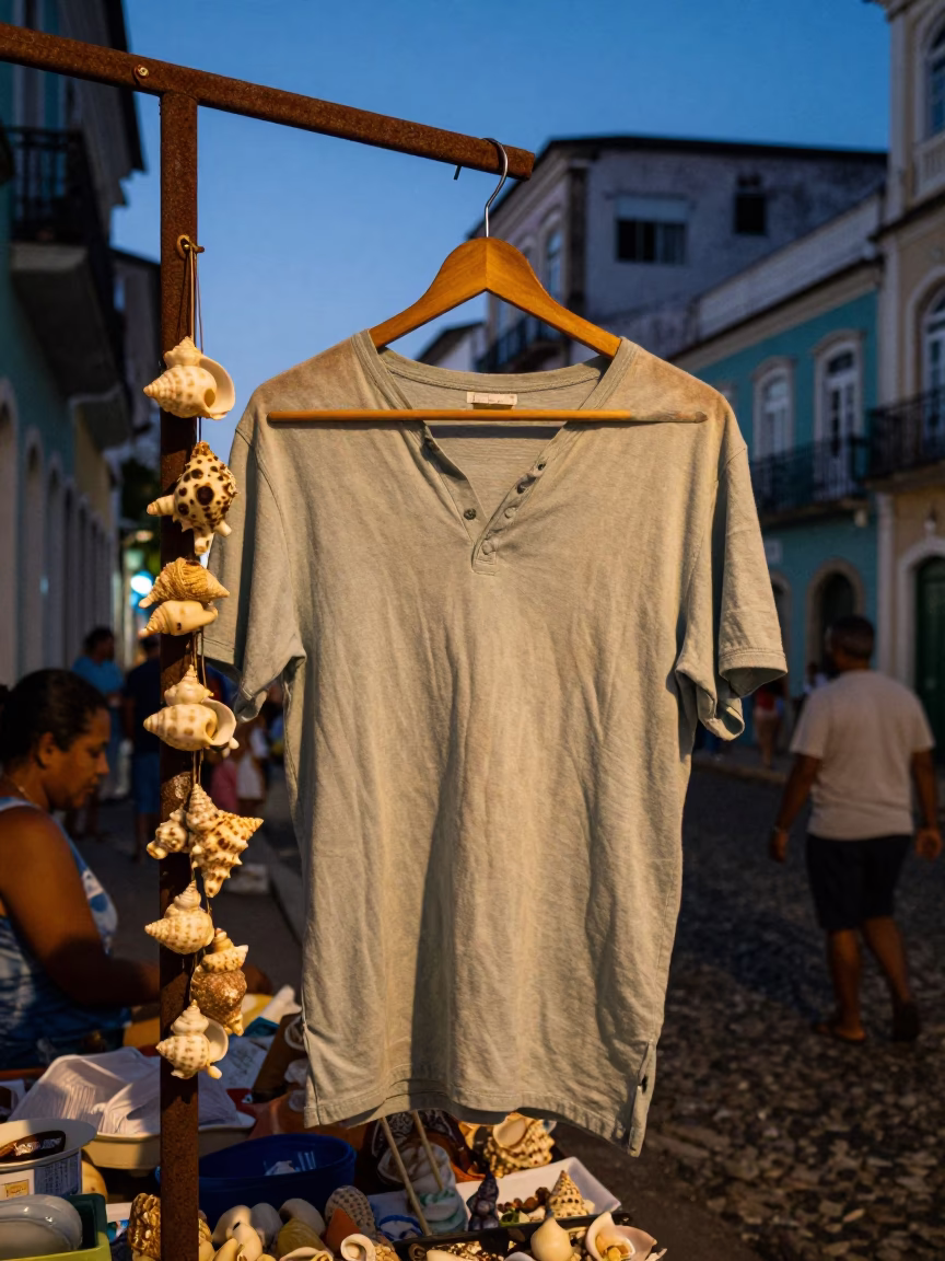 Twilight Street Scene in Salvador Brazil with Wooden Hanger and Seashells in in Salvador, Brazil