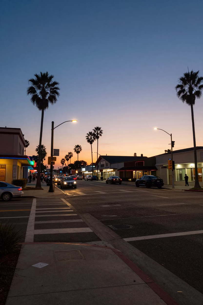 Twilight Street Scene in San Diego California with Vintage 1980s Aesthetic and Urban Details in in San Diego, California, United States