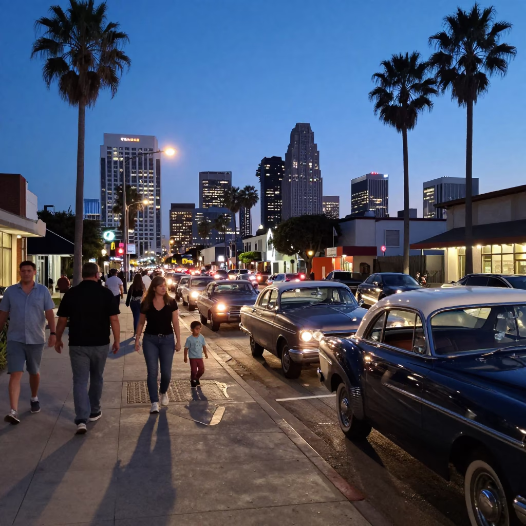 Twilight Street Scene in San Diego California with Vintage Cars and Pedestrians in in San Diego, California, United States