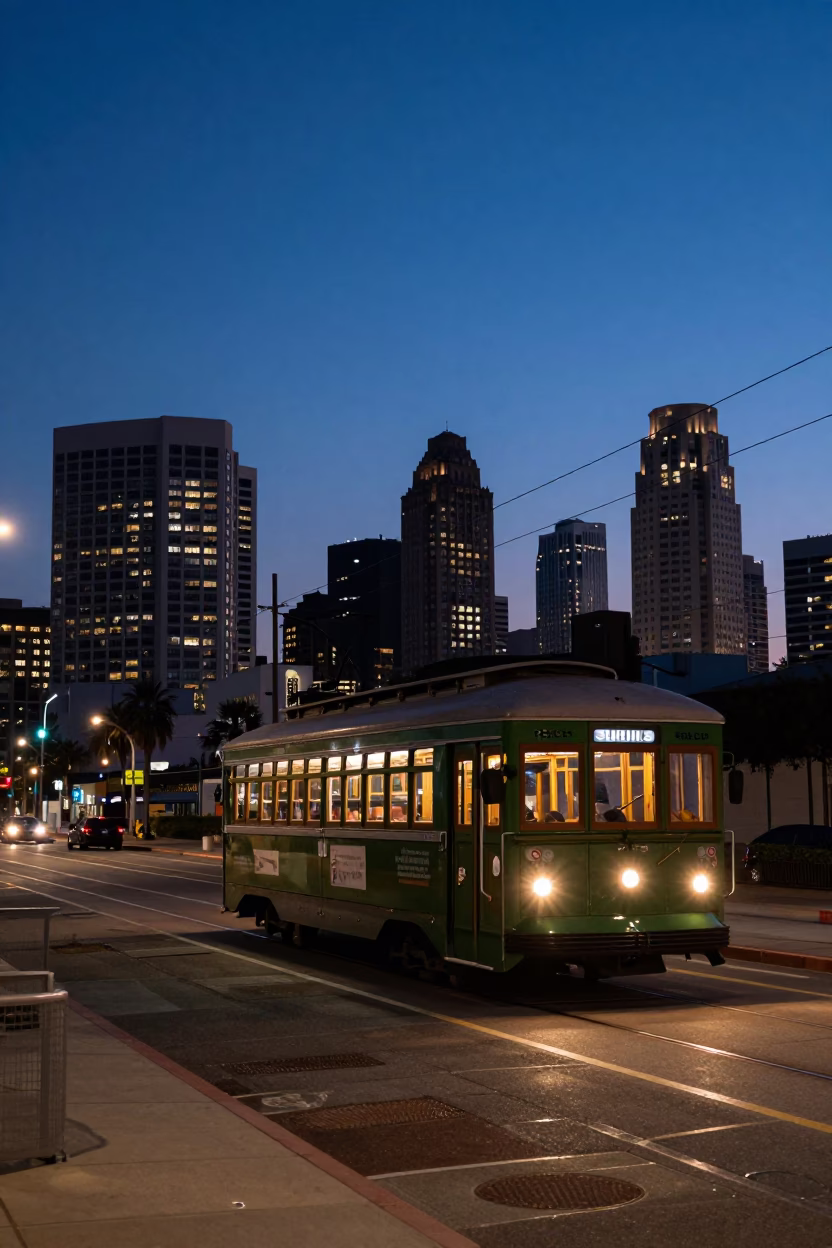 Twilight street scene in San Diego with trolley car and coastal architecture in in San Diego, California, United States