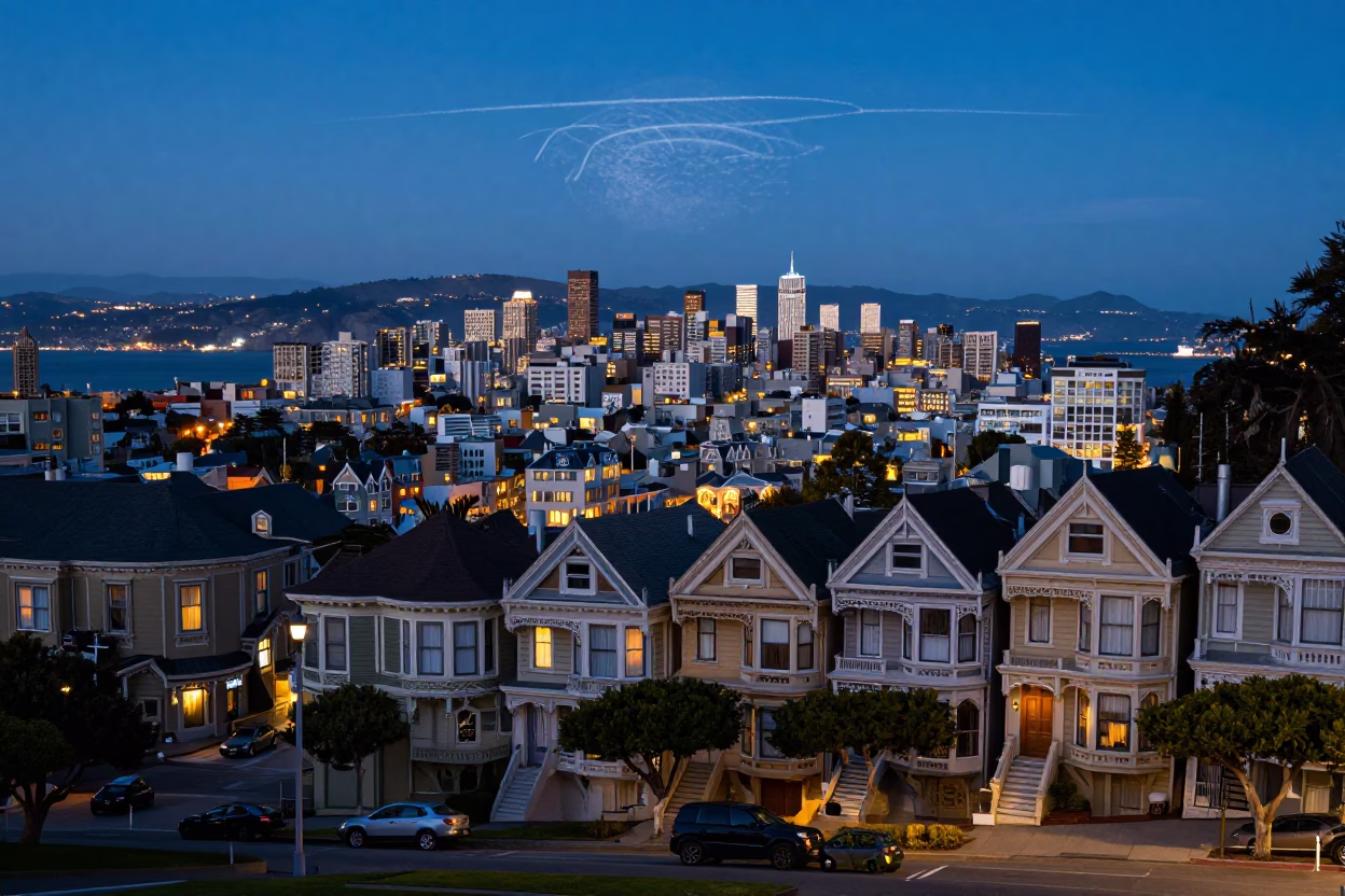 Twilight Street Scene in San Francisco California with Weather Radar and Coastal Bluff in in San Francisco, California, United States