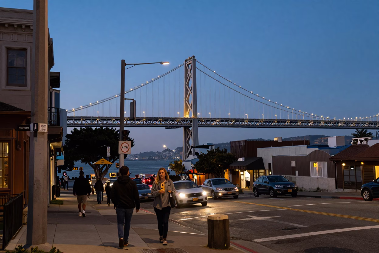 Twilight Street Scene in San Francisco with Cable-Stayed Bridge and Local Detail in in San Francisco, California, United States