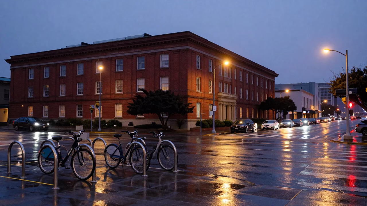 Twilight Street Scene in San Francisco with Campus Bicycle Rack and Red Brick Building in in San Francisco, California, United States