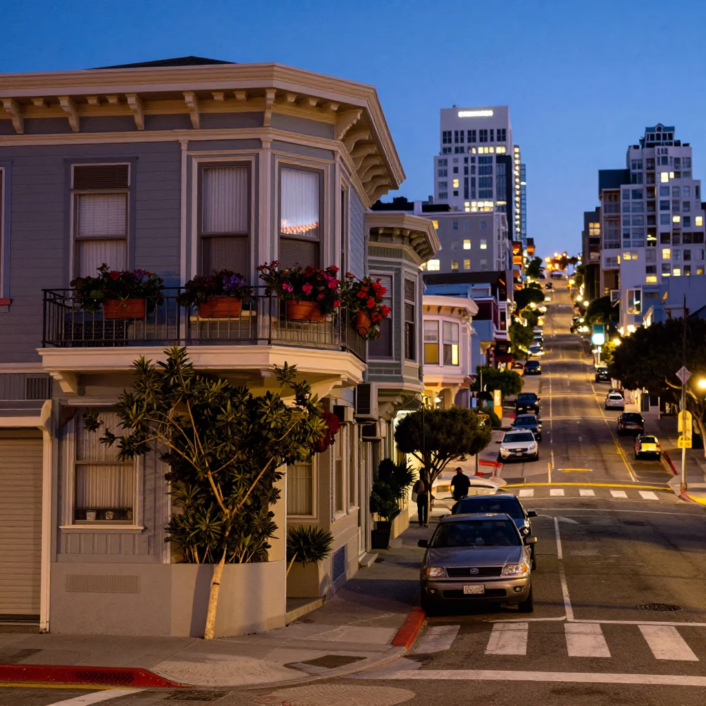 Twilight Street Scene in San Francisco with Houseplant on Balcony and City Lights in in San Francisco, California, United States