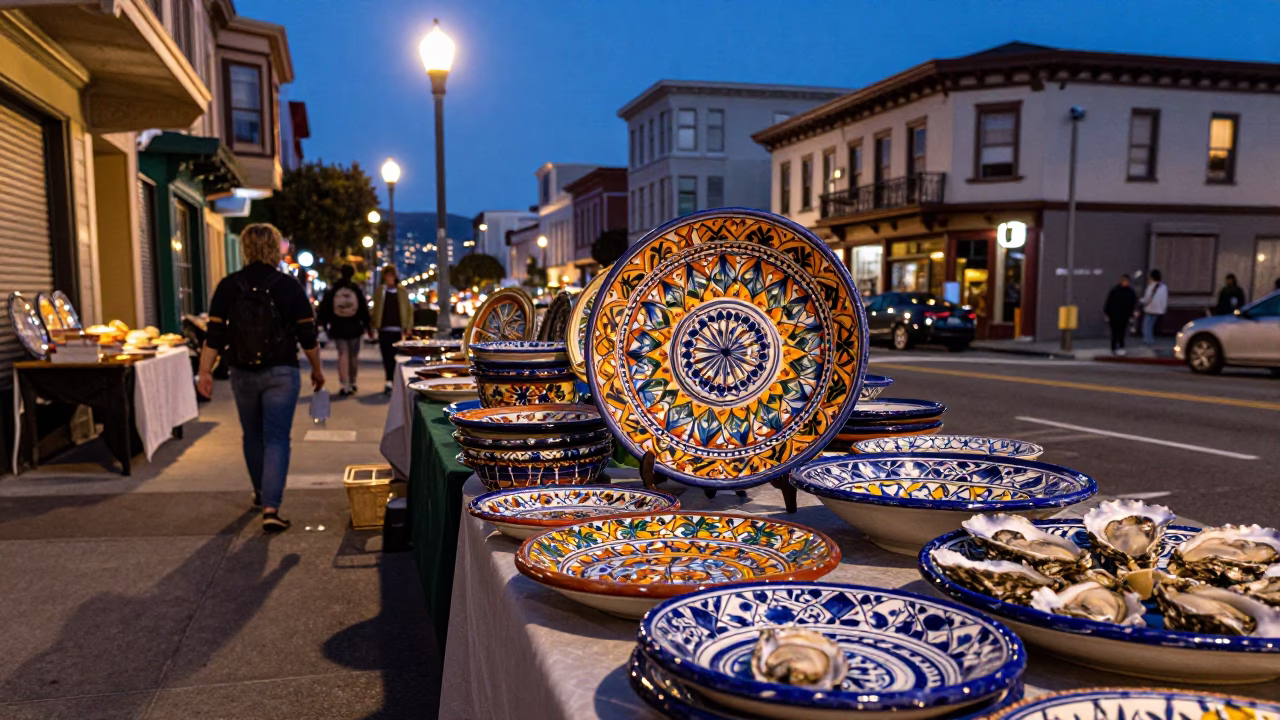 Twilight Street Scene in San Francisco with Majolica Plates and Oysters in in San Francisco, California, United States