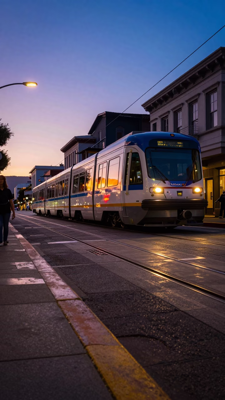 Twilight Street Scene in San Francisco with Monorail Reflection and Colorful Details in in San Francisco, California, United States
