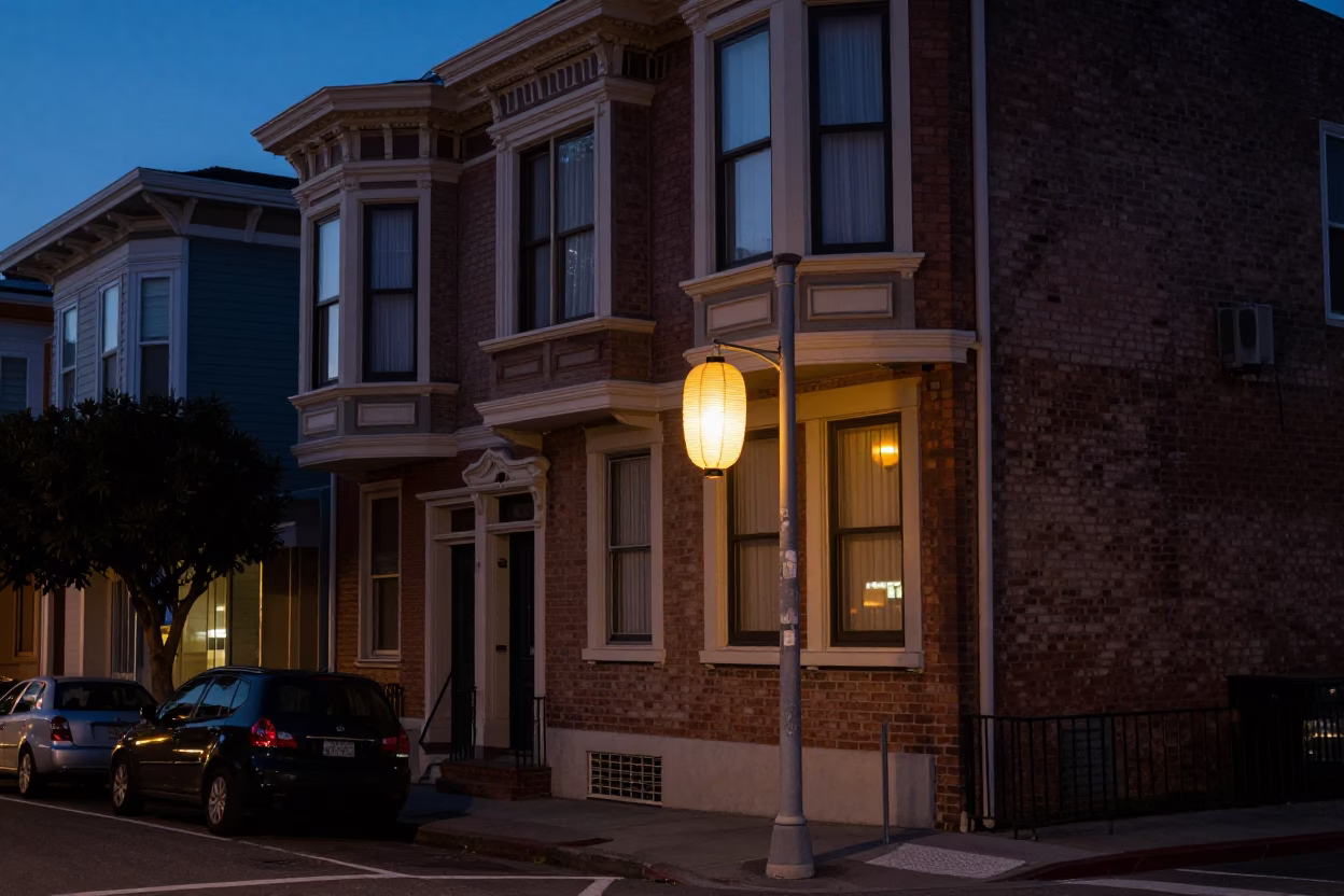 Twilight Street Scene in San Francisco with Paper Lanterns and Vintage Details in in San Francisco, California, United States