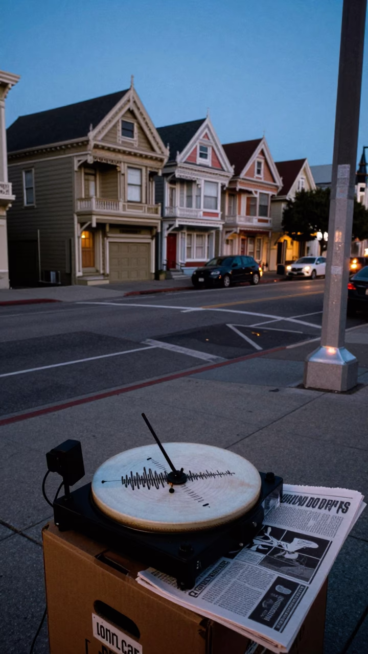 Twilight Street Scene in San Francisco with Seismograph Art and Newspaper Stack in in San Francisco, California, United States