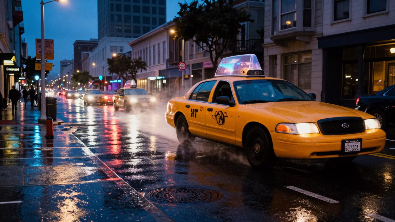 Twilight Street Scene in San Francisco with Yellow Taxi and Urban Details in in San Francisco, California, United States