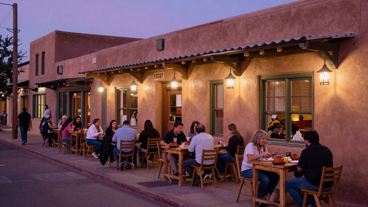 Twilight Street Scene in Santa Fe New Mexico with Adobe Architecture and Local Dining in in Santa Fe, New Mexico, United States