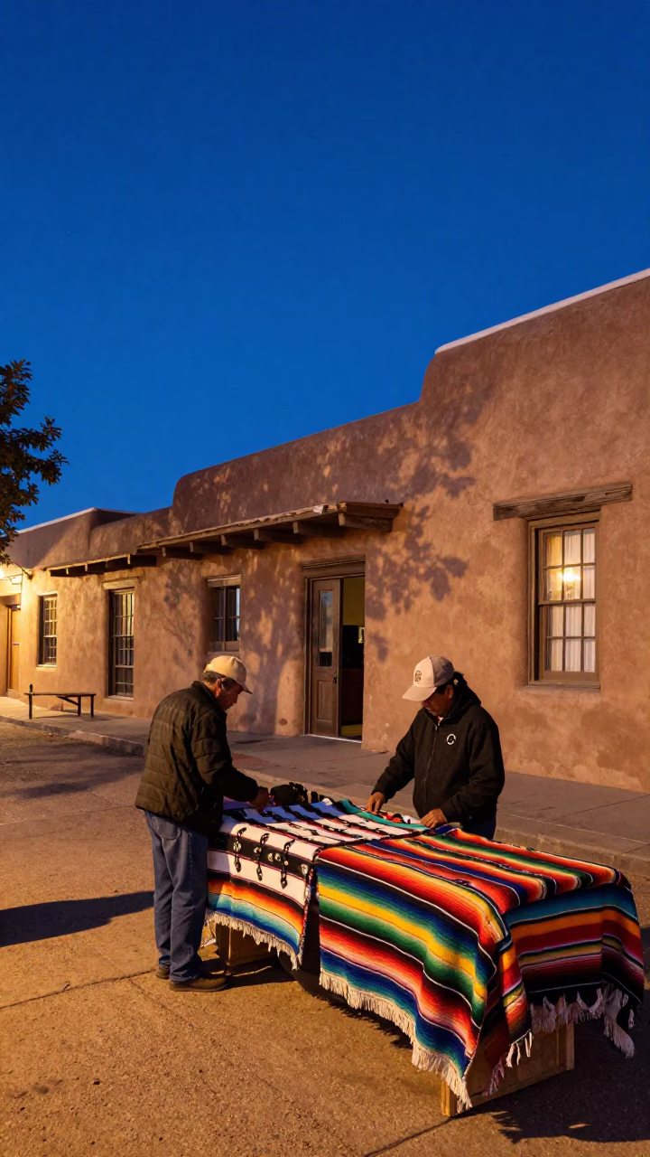 Twilight Street Scene in Santa Fe New Mexico with Adobe Architecture and Local Life in in Santa Fe, New Mexico, United States