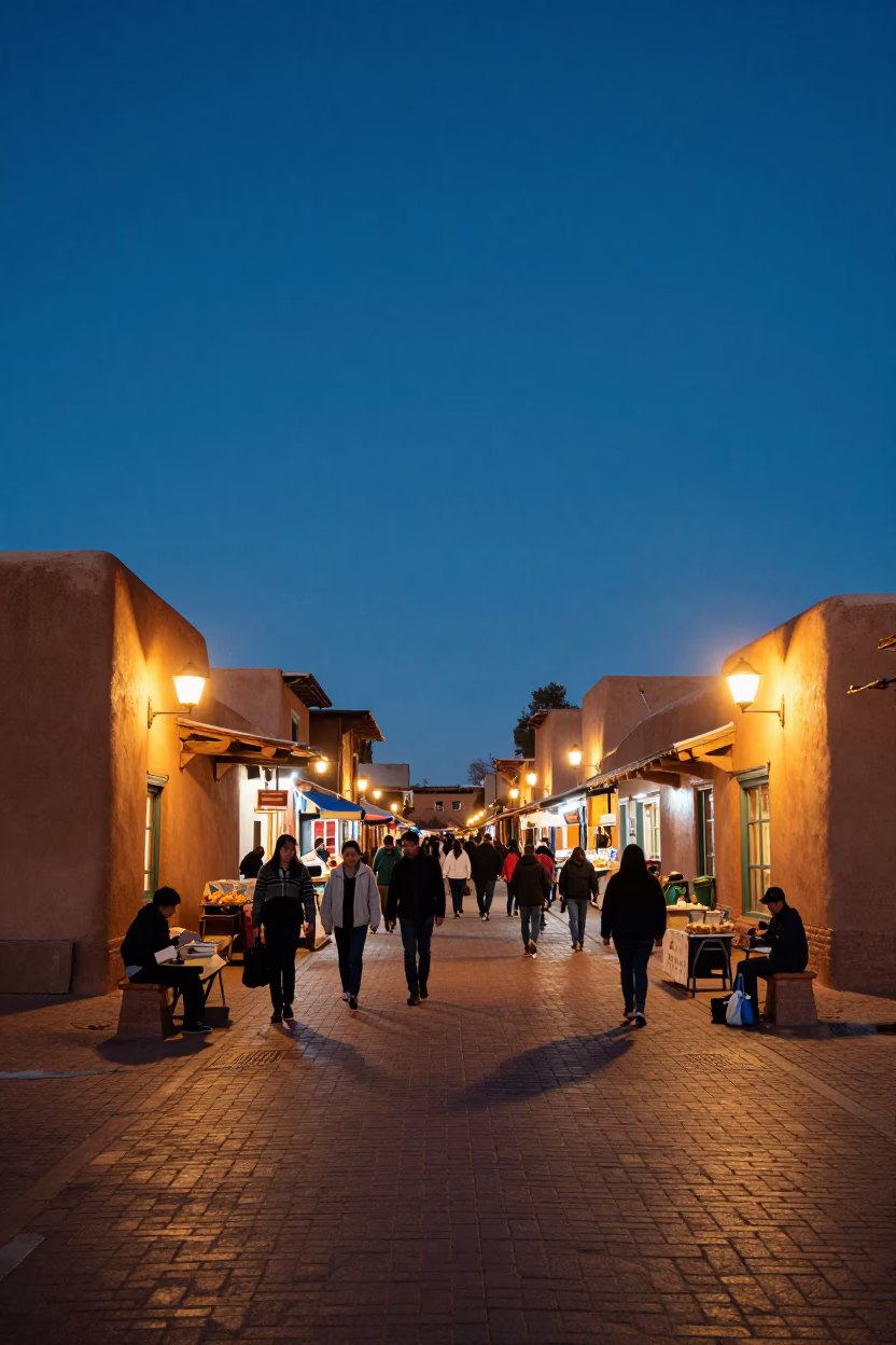 Twilight street scene in Santa Fe New Mexico with adobe architecture and local vendors in in Santa Fe, New Mexico, United States
